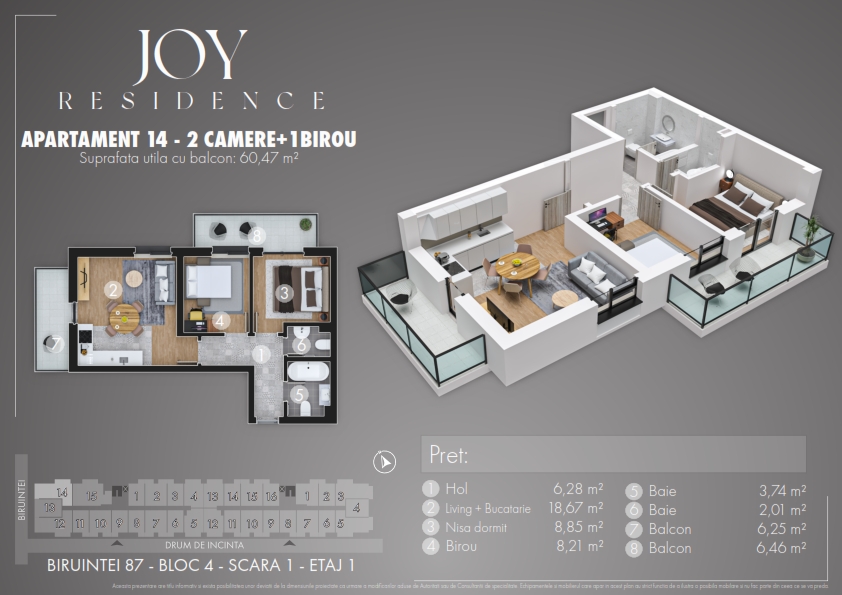 Apartament 14 - 2 camere + birou
