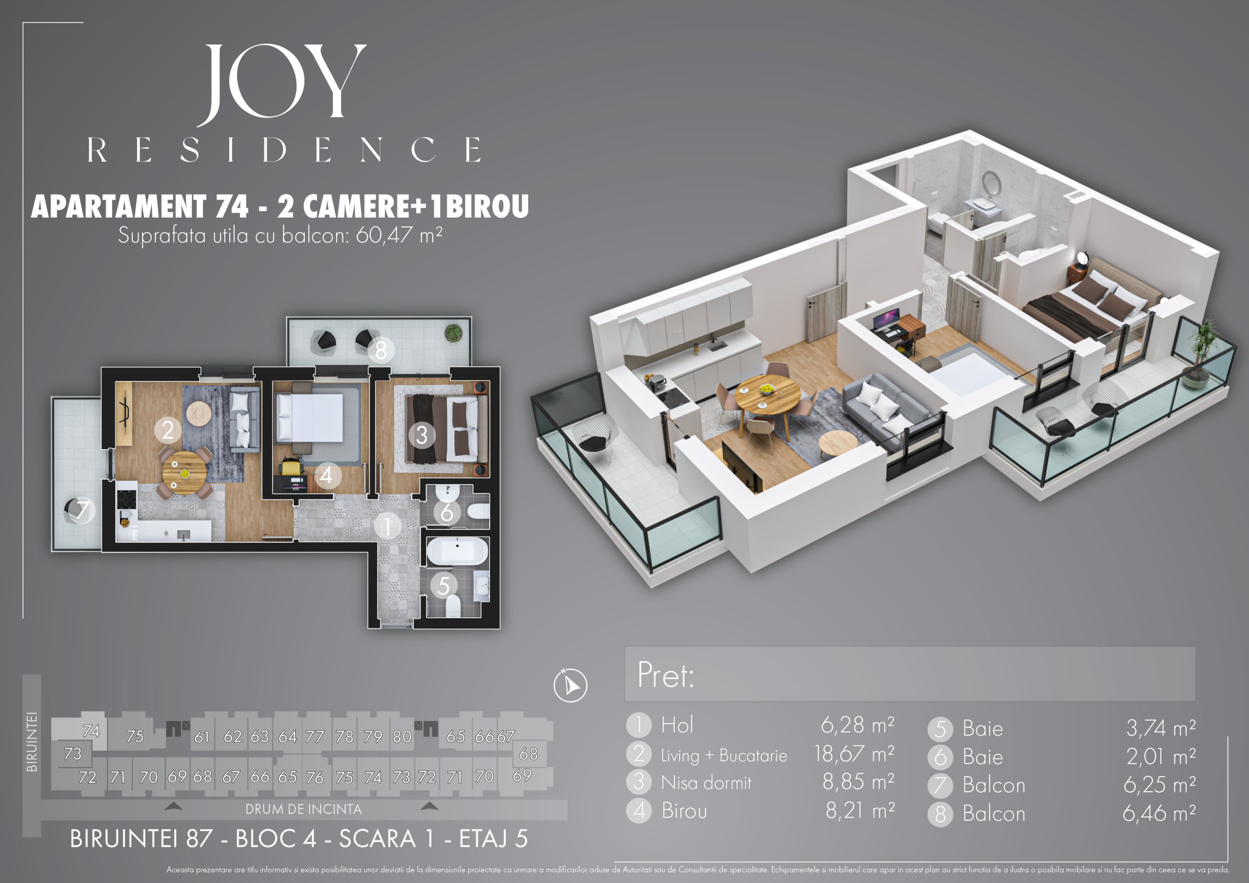 Apartament 74 - 2 camere + birou